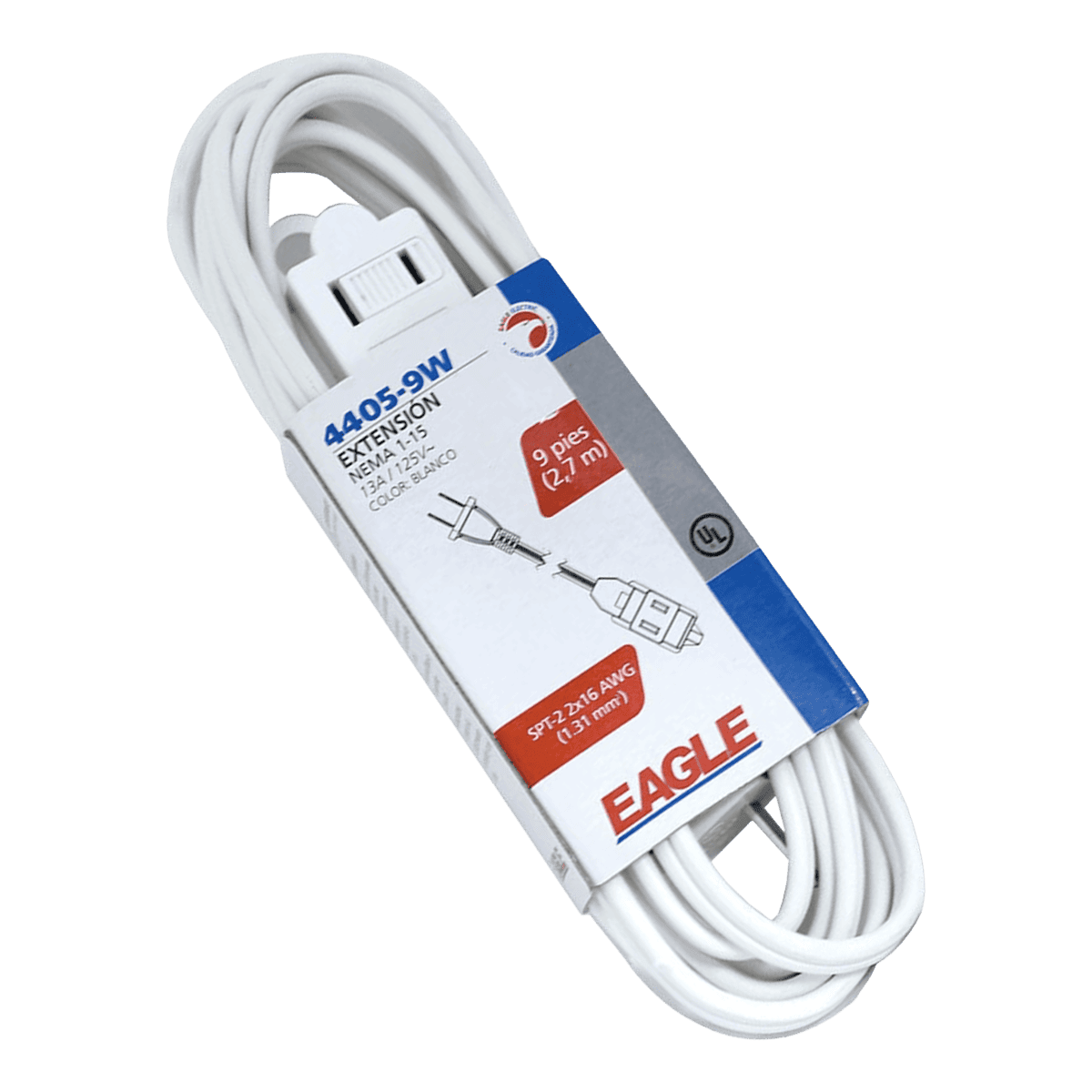 Extensión, Eagle, cable SPT, 2 x 16, 3 salidas, color blanco, 13A, 125V, 2.7mts