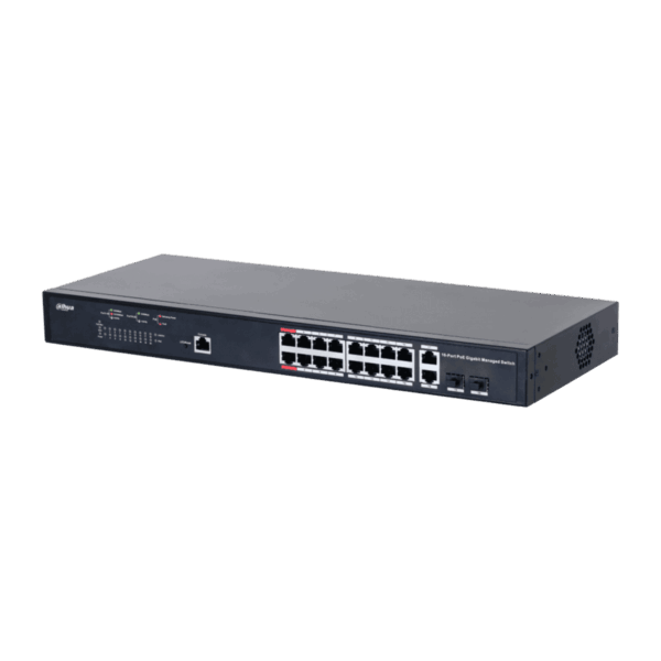 Switch PoE, Dahua, 16 puertos, 2 puertos uplink, 1 Gbps, PoE 2.0, Watchdog, 250m, DH-PFS4218-16GT-130