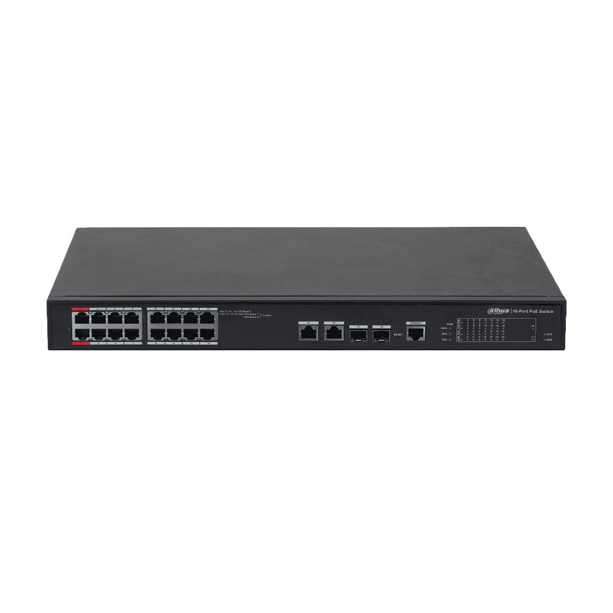 Switch Cloud, Dahua, PoE de 16 puertos, 2 uplink, 10/100 Mbps, 190W, 4A, Watchdog, 2 SFP