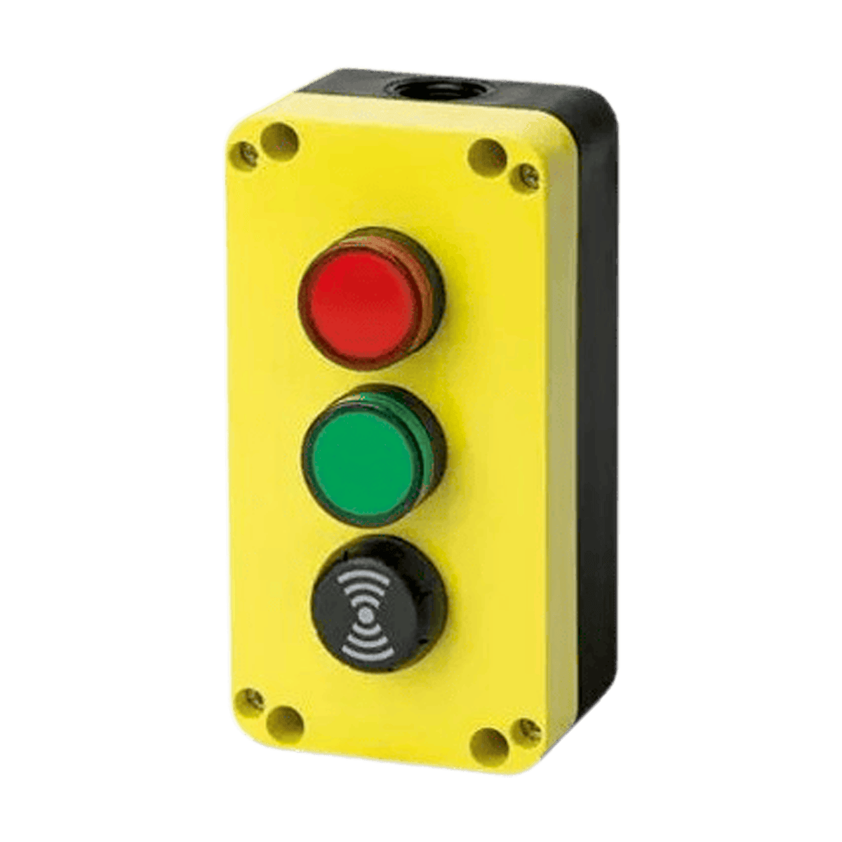 Caja botonera Eleksteel 3 orificios color amarillo equipada con pulsadores