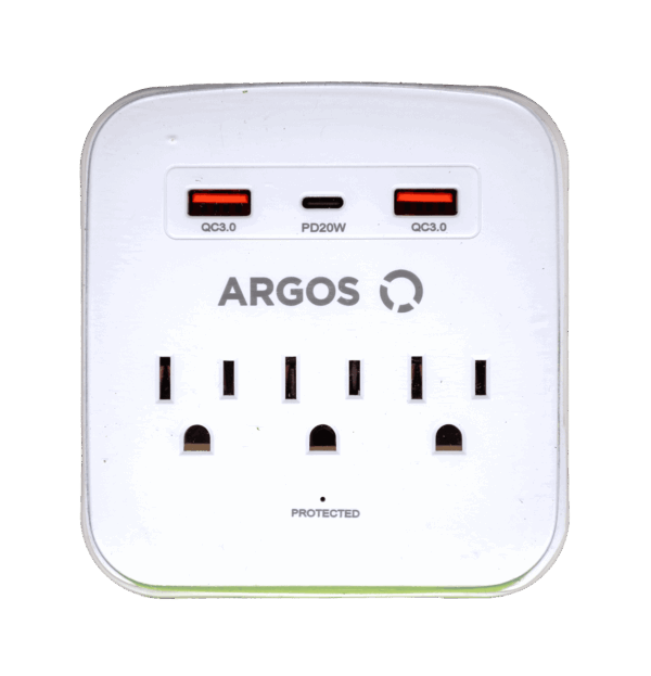 Supresor de picos Argos triple aterrizado con 2 cargadores USB tipo A y 1 USB tipo C