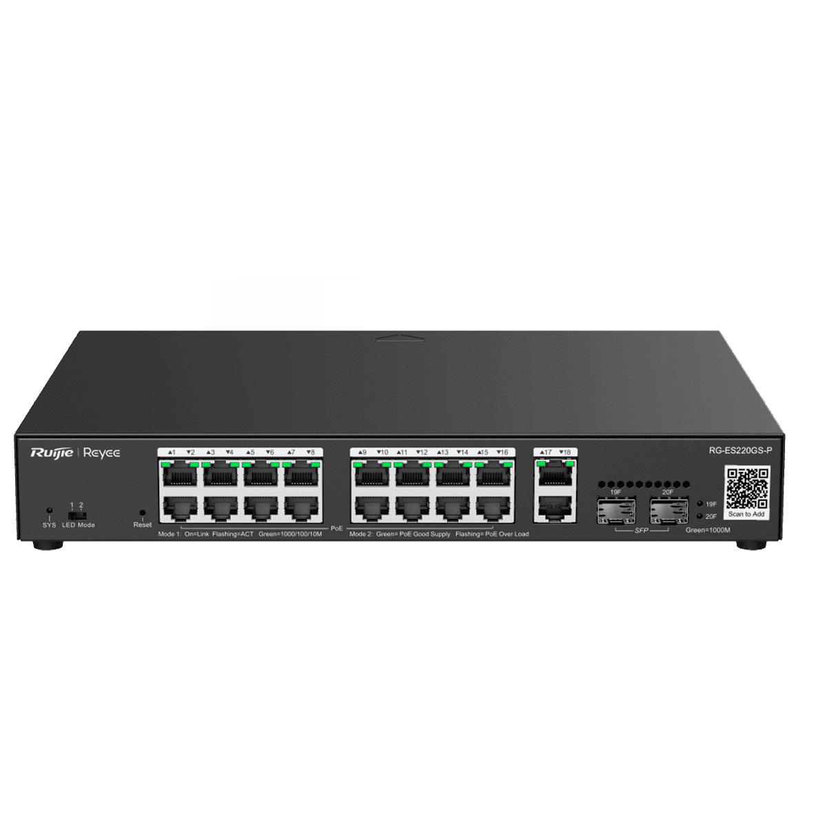 Switch Reyee, capa 2, 20 puertos, 16 puertos PoE+, 2 puertos RJ45, 2 puertos SFP, 40Gbps, gestionado en la nube, RG-ES220GS-P