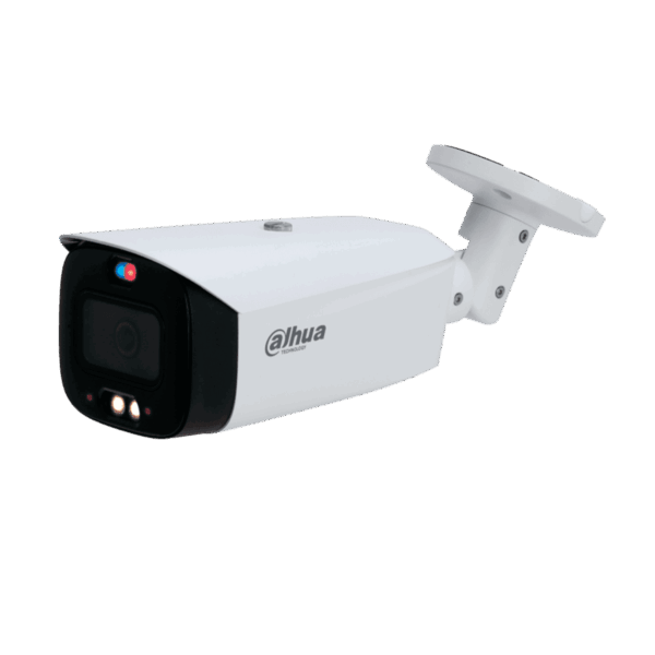 Cámara Bullet Dahua IP, TIOC 5m, lente fijo 2.8mm, IR30m, IP67, (full color disuasión activa e inteligencia artificial), WizSense, DH-IPC-HFW3549T1-AS-PV