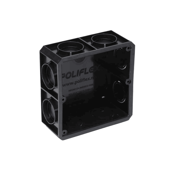 Caja cuadrada, Poliflex, color negro, con conectores y tapa, 1/2" y 3/4"